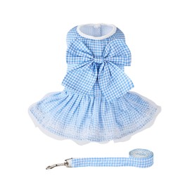Dog Dress Plaid with Bowknot Cute Dress for Small Dog Cat Puppy Outfits with Harness Leash（ Blue，X-Small ）