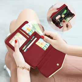 HNOOM Women's Small Purse, PU Leather Purse with Zip, Coin Compartment, Mini Wallet, Credit Card Holder with 9 Card Slots, Gifts for Women, red, Modern