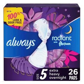 Always Always Radiant FlexFoam Pads for Women, Size 5, Extra Heavy Overnight Absorbency, 100% Leak & Odor Free Protection is Possible, with Wings, Scented, 26 Count