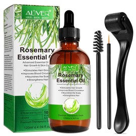 Rosemary Oil Hair Growth 120 ml with Derma Roller 0.5 mm, 100% Pure Rosemary Oil for Hair, Eyelashes, Eyebrows, Face, Skin Care, Body Massage, Nourishes the Scalp, Improves Blood Circulation