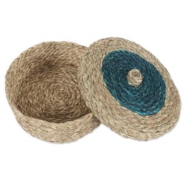 NOVICA Artisan Handmade Natural Fiber Basket with Turquoise Tones Blue India Decor Accessories Baskets Materials Friendly Woven [3.5in H x 8.5in Diam.] ' Turquoise Allure'