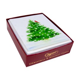 Caspari Snowy Tree With Cardinal Boxed Christmas Cards - 15 Cards & 15 Envelopes