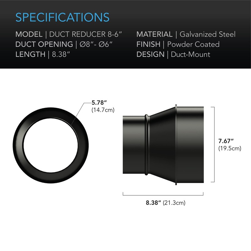 AC Infinity Duct Adapter, 8” to 6” Ducting Reducer Increaser