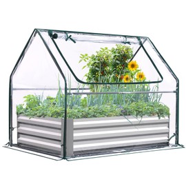 Quictent Raised Garden Bed with Cover Outdoor Galvanized Steel Planter Box Kit with Greenhouse Large Zipper Window Dual Use, 20pcs T-Type Tags & 1 Pair of Gloves Included 4x2.5x1 FT, Clear