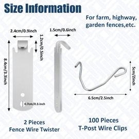 102 Pieces T Post Wire Clips Fence Wire Twister for T Post Clips Galvanized Steel Fence Wire Tensioning Tool for Fixing Fence Wire Clip Garden Farm Highway Sport Fences