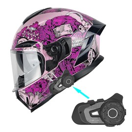 1Storm Motorcycle Full Face Helmet Dual Lens/Sun Visor Ghost Pink + Martian BlueT-S2 Motorcycle Bluetooth Headset