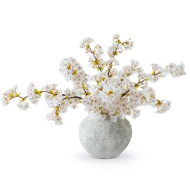 mizii 3Pcs Artificial White Cherry Blossom Branches 40" Fake Silk Cherry Blossoms Flowers with Long Stem for Wedding Decorations Table Centerpieces Vase Arrangement Home Decor (White)