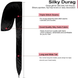 Quxyxso Silky Durag Caps Headwraps with Long Tail，4 Pack Unisex Satin Durags Wide Straps Headwraps for Men Women Pirate Caps Head Wrap Beanie Hats Waves Silky Durag Cap Black
