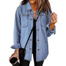 luvamia Women's Fashion Casual Button Down Denim Jacket For Women Jean Jacket For Women Trendy Lightweight Jean Jacket Jean Top Oversized Denim Shirt Women Bay Blue Size Large Fits Size 12 Size 14