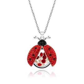 superchic Cute Red and Black Ladybug Beetle Pendant Necklace with Cubic Zirconia Floating Crystals for Women(Silver Plating)