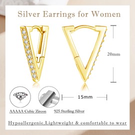 Cangall Silver Hoop Earrings for Women, 925 Sterling Silver Triangle Hoop Earrings, Hypoallergenic Earrings Gold, Minimalist Fashion Dainty CZ Triangle - Shape Silver Geometric Huggie Hoop Earrings