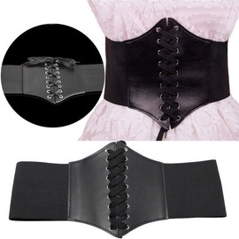 Waist Cincher Corset Wide Band Elastic Tied Waspie Belt Leather Soft Adjustable Black