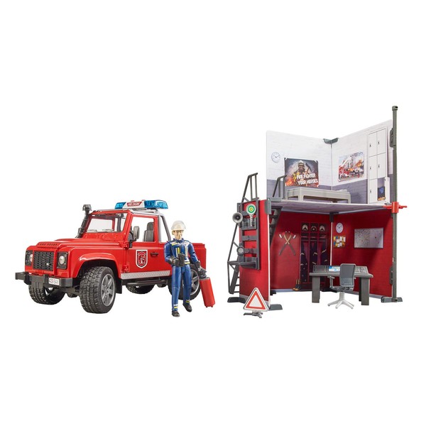 Bruder 62701 bworld Set - Firestation w Land Rover Defender Truck, Fireman and Accessories, L&S Module