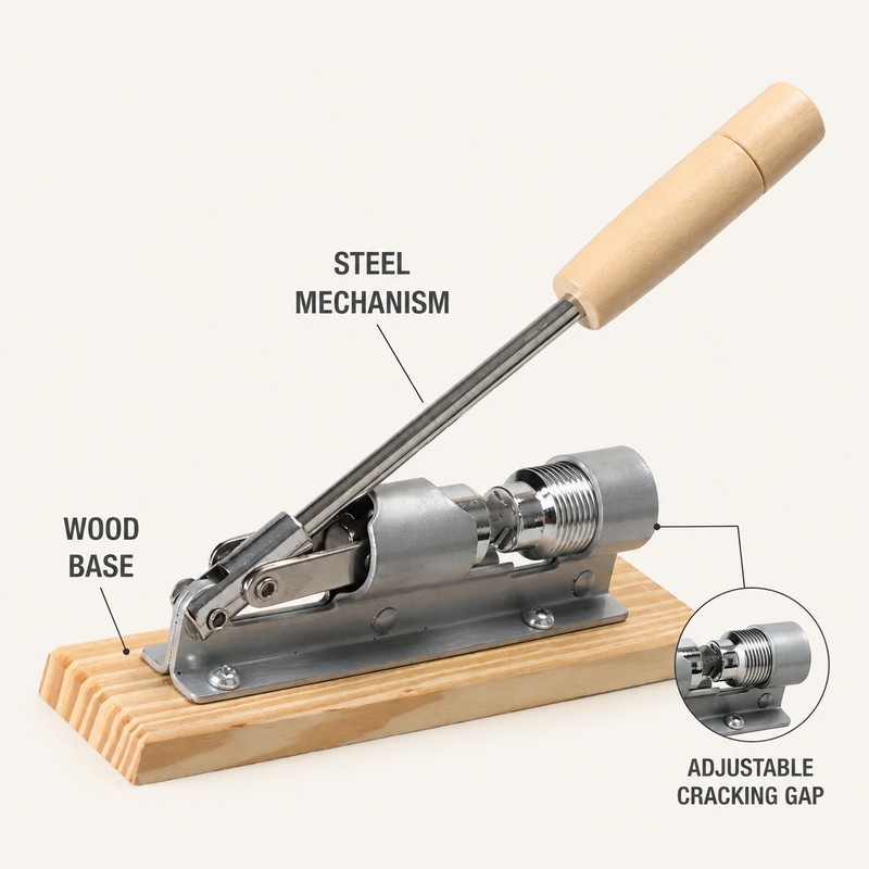Adjustable Lever Nutcracker with Wood Base for Pecans & Walnuts