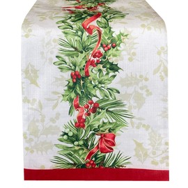 Newbridge Christmas Holly Ribbon Traditions Bordered 70 Inch Long Table Runner, Boughs of Holly and Berry Ribbon Garland Dining Table Runner for Holiday Party
