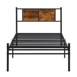 LUMISOL Twin Size Metal Bedframe, Metal Bed Frame with Headboard with Wood Panel Decoration, Black