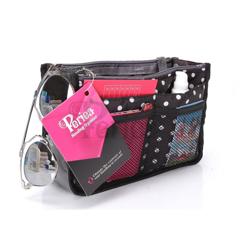 Periea Chelsy Handbag Organiser Insert (Black with White Polka-dots, Small)