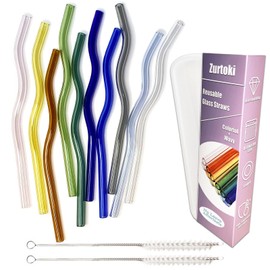 Zurtoki 10 PCS Reusable Wavy Colorful Glass Straws Cute 7.87" x 8 mm Shatter Resistant Drinking Straws with 2 Cleaner Brush and 1 Reusable Storage Box for Iced or Hot Coffee, Juice, Cocktail, Tea