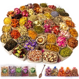 50 Bags Dried Flowers - Natural Dried Herbs Kit for Soap Making, DIY Candle, Resin Jewelry Making, Bath, Witch - Bulk Flowers Include Rose Petals, Lavender, Lemon, Jasmine, Rosemary, and More