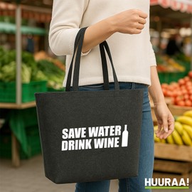 Huuraa Filz Shopper Save Water Drink Wine Weinflasche Geschenk 22 Liter Charcoal Melange Filz Save Water Drink Wine Geschenkidee