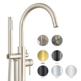 Freestanding Bathtub Faucet Waterfall Tub Filler Brushed Nickel Floor Mount Brass Single Handle Bathroom Faucets with Hand Shower (Brushed Nickel, The bottom of the water)