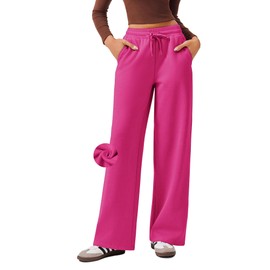 PINSPARK Womens Fleece Lined Pants Cozy Workout Wide Leg Sweatpants Winter Elastic High Waist Active Pants with 2 Pockets and Drawstring, Hot Pink S