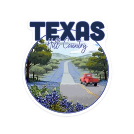 Texas Hill Country, Texas, Bluebonnets and Highway, Circle, Contour Vinyl Die-Cut Sticker 1 to 3 inches (Waterproof Decal for Cars, Water Bottles, Laptops, Coolers), Small