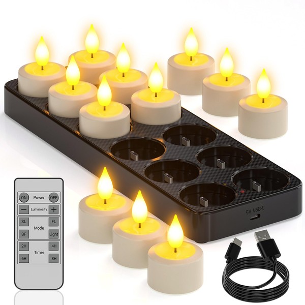 Yme Yme Aufladbare Teelichter mit Timerfunktion und Ladestation, 12er LED