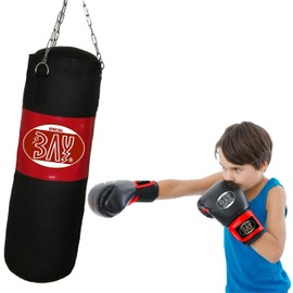 BAY® Boxset Plus 8 kg approx. 85 x 28 cm Filled with Steel Chain for Women Men Teenagers Children and More Boxing Set Punch Bag + Boxing Gloves Boxing Gloves Kids Junior Teens Black/Red Ready Filled +