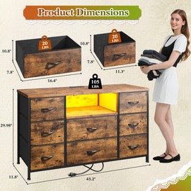 Dresser for Bedroom with LED Lights & Power Outlets, Dresser with 8 Drawers for 55-inch TV, Chest of Drawers with Open Shelves & 6 Adjustable Feet for Living Room and Entryway, Rustic Brown