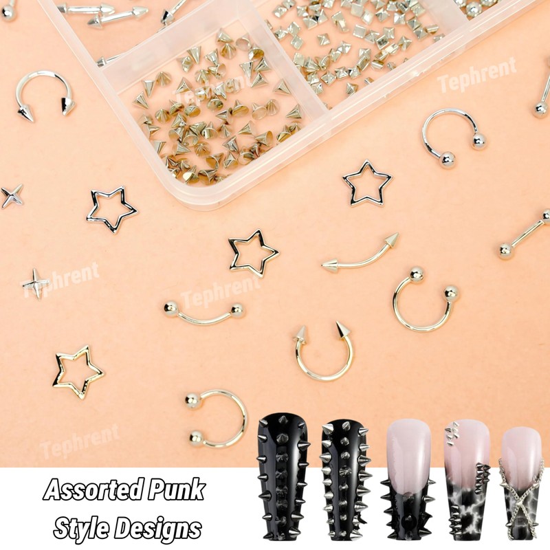12Grids Nail Piercing Charms Silver Charms for Nails Metal Punk