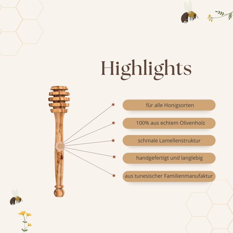 bedrop Honey Spoon Made of Real Olive Wood, 13 cm,