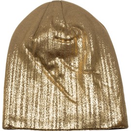styleBREAKER Warm fine knit beanie hat with metallic print and fleece lining, slouch long beanie, unisex 04024132, Brown/Gold