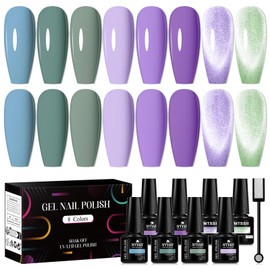 MTSSII Blue Purple Gel Nail Polish Set 8 Colors, Baby Mist Gray Blue Spring Pastel Purple Lavender Violet Gel Polish Green Crystal Cat Eye Gel with Magnet Soak Off DIY Home Uv Nails Gifts for Girls