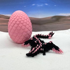 Crystal Winged Dragon with Dragon Egg, 3D Printed Articulated Dragon with Wings, Black and Pink Crystal Winged Dragon, Fidget ADHD Autism Toy CW003-PE