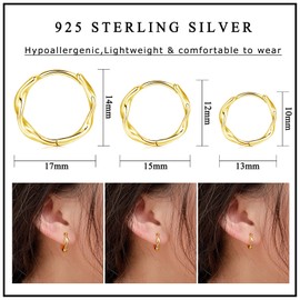 Cangall Hoop Earrings 925 Silver, 3 Pairs 925 Sterling Silver Hoop Earrings Set for Multiple Piercings, Hypoallergenic Small Cartilage Sleeping Earrings Silver 925 for Women Girls 10/12/14 mm Hoop