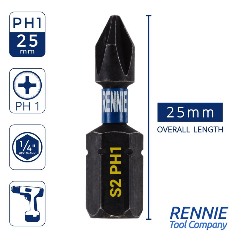 20 x Rennie Tools 25mm PH1 Impact Screwdriver Driver Bits