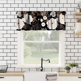 JanJCurt Black Gold Floral Valance, Retro Peony Rose Flowers Oriental Style Gothic Garden Blackout Short Window Treatments for Farmhouse Living Room Bedroom Kitchen, 54x18in