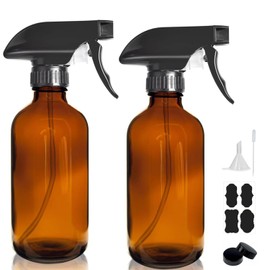 HAOERMEI 8OZ Amber Glass Spray Bottles - 2 Pack - Empty Refillable Bottle for Essential Oils, Plants, Cleaning Solutions, Hair Mister - Durable Nozzle w/Fine Mist and Stream Setting