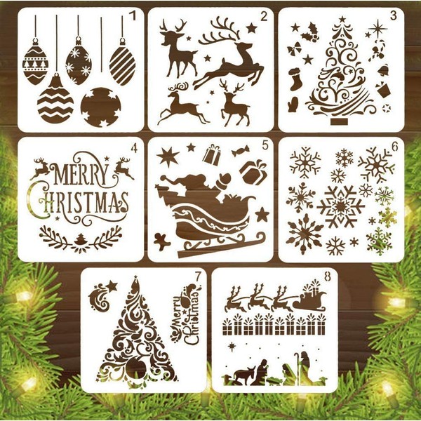 LYPER 8Pcs Christmas Stencils Xmas Scale Template Sets, Reusable Plastic Craft Snow Flake DIY Decoration for Craft Art Drawing Painting Spraying on Window, Glass,Wood, Craft Cards Making, Home Decor