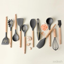 ZEDEAH 11-Piece Silicone Kitchen Utensil Set with Spatulas, Tongs, Whisk, Turner & Ladle – Heat Resistant, Non-Scratch Cooking Tools with Wooden Handles, Dishwasher Safe, BPA-Free (Black)