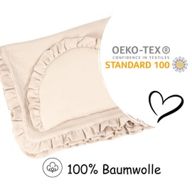 PinkZebra Muslin Ruffled Bedding Set, High Quality Bed Set: Soft Flat Pillow + 4-Layer 100% Organic Cotton Blanket, Blanket, Sleeping Blanket, White