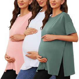 Liu & Qu Women's Maternity Shirts Short Sleeve Pregnancy Tops Loose Split Side Tunic Blouse Mama Clothes 3 Packs