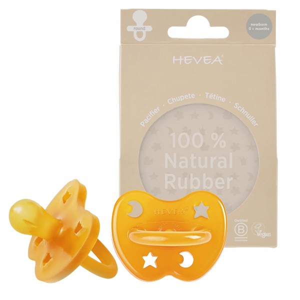 HEVEA Natural Rubber Pacifier Round Newborn 0+ Months – Hygienic One Piece Design for Newborns to Toddlers, BPA-Free, Soft & Durable – 2-Pack (Natural)