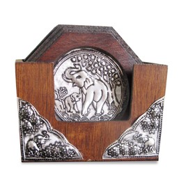 Handmade Elephant Coaster Set with Holder - Wooden Coaster Set of 6 for Drinks - Octagon Coasters - 4 Inches