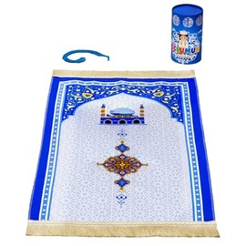 Muslim Prayer Rug and Prayer Beads with Elegant Gift Box | Islamic Gifts Set | Prayer Carpet Mat (Blue)