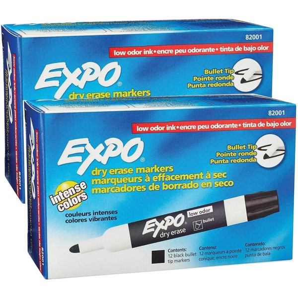 Expo Low-Odor Dry Erase Markers, Bullet Tip,Black, 24-Count