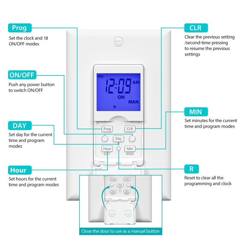 BN-LINK 7 Day Programmable in-Wall Timer Switch for Lights, Fans