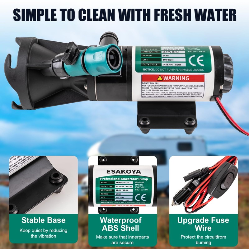 Esakoya 12V RV Macerator Pump, 12GPM Waste Pump with Quick-Release