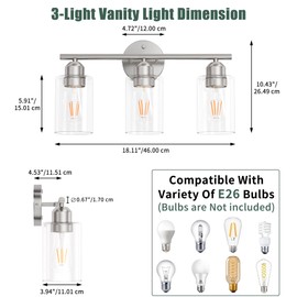 Espird Bathroom Vanity Light Fixtures Brushed Nickel, 3 Lights Bathroom Over Mirror, UL Certified, Modern Wall Lighting Fixtures with Glass Shade, E26 Socket